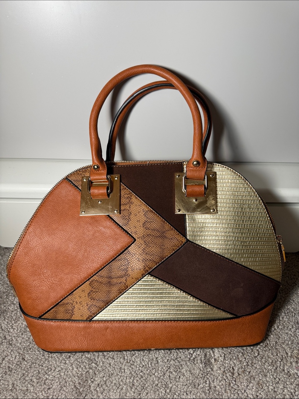 Women's Patchwork Dome Satchel Handbag - Brown & Gold